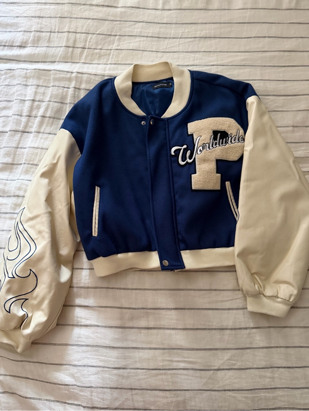 PrettyLittleThing Blue & Cream Varsity Bomber Jacket